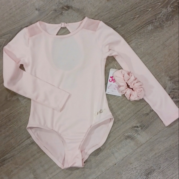 Nwt new Justice pink logo ballet gymnastics leotard with scrunchie 5-6 - Picture 15 of 16